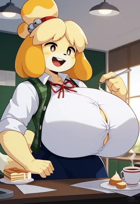 isabelle \(animal crossing\:1.10), plaid vest, blue skirt, white undershirt, tail, BREAK, food, elbows on table, cup, indoors, u...