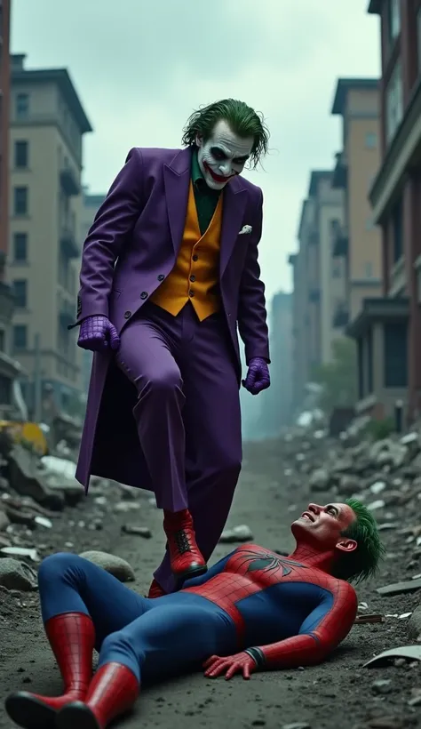 Joker, in his iconic purple suit with wild green hair and a sinister, maniacal smile, stands triumphantly with his foot pressing...