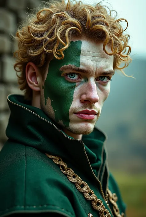 Curly blonde hair, emerald green and white skine medieval man