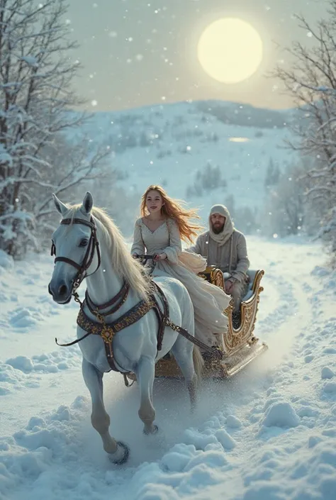 A young Russian girl with blond golden hair is riding in a big beautiful sleigh, and next to him is pale and dull , winter moonl...