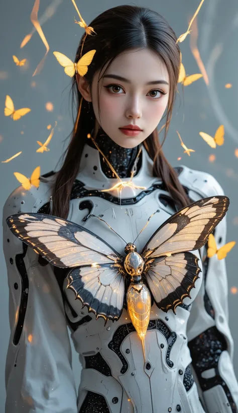 8,000, masterpiece, highest quality, Future Female Figure Butterflies, cyberpunk, Grey and white color scheme , Mechanical wing...