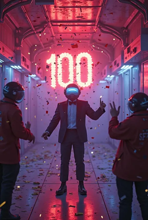 **"Hyper-realistic Among Us thumbnail chaos, glowing neon spaceship interior, crewmates screaming in panic as an impostor in a t...