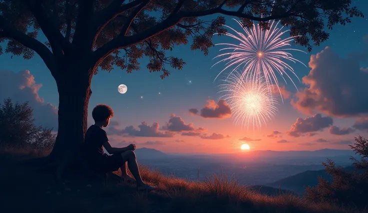 (A breathtaking landscape:1.3), (A boy sitting on a tree:1.2), (Watching fireworks in the distance:1.3), (Starry sky:1.2), (Brig...