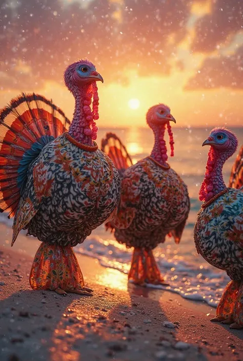 Create the image of turkeys dressed in the 70s dancing by the sea at sunset