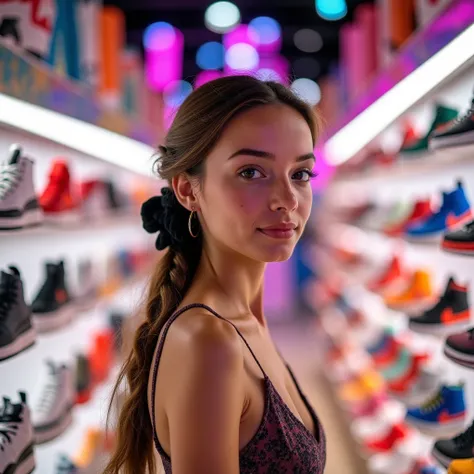 A pretty young woman with natural makeup and light freckles, long brown hair in a side braid with a black scrunchie stands confi...