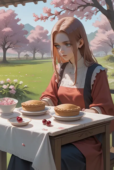 Draw a small yard of the nations of the anime style, surrounded by cherry trees from the sides, in the middle there are two long...