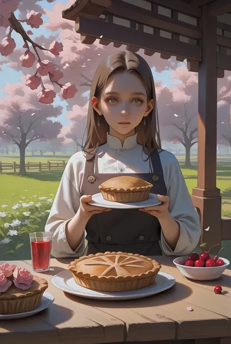 Draw a small yard of the nations of the anime style, surrounded by cherry trees from the sides, in the middle there are two long...