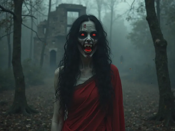The image of a mysterious and scary woman, with dark red eyes and a distorted and terrifying face. She has long, curly black hai...