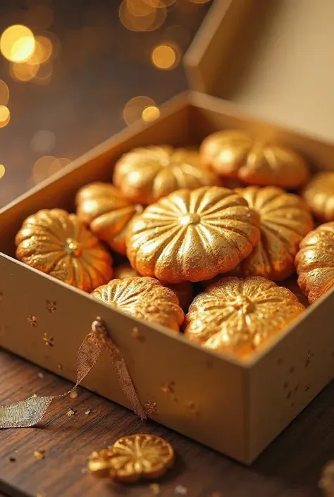 A box of shiny golden cookies