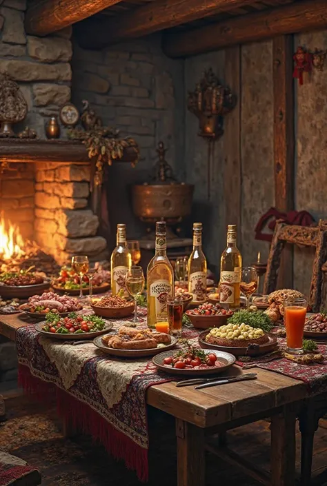 Festive Slavic table with moonshine on the table