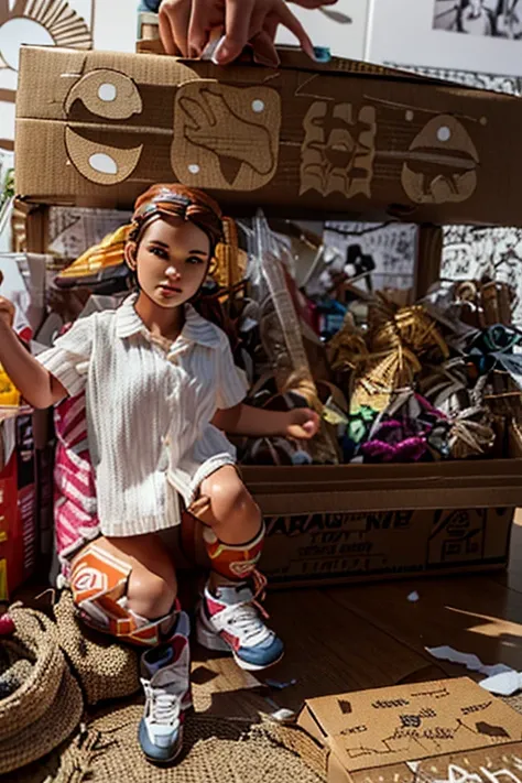 Create a toy based on the person in the photo, transforming them into an action figure. Alongside the action figure, include toy...