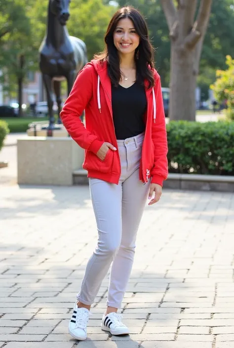 A person is standing outdoors with a relaxed pose, one hand in their pocket. They are wearing a bright red jacket with a black t...