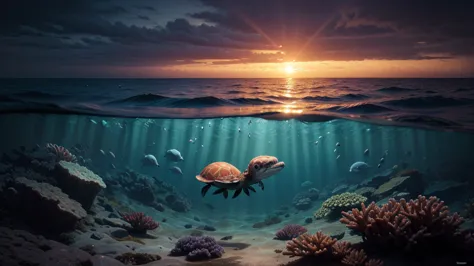 "Scene divided into two halves: The upper part shows the surface of the ocean with a cracked universe and a bright moon, where i...