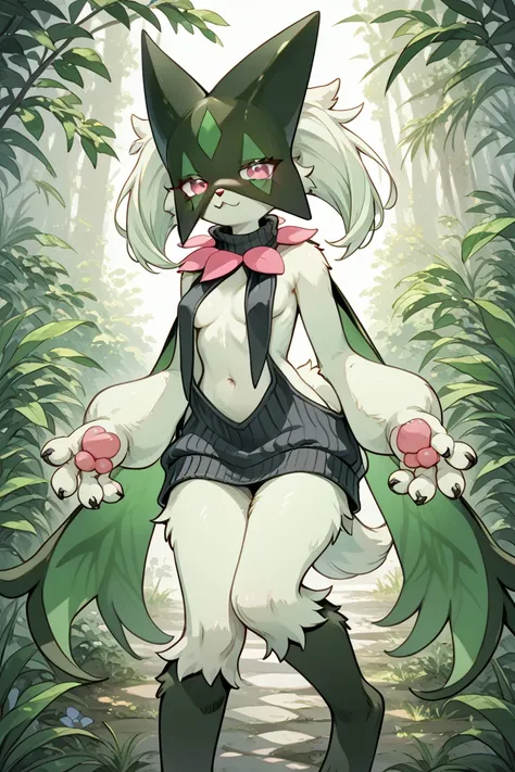 Meowscarada,furry,fluffy,furry arms,furry legs,furry face,furry skin,1girl,navel,animal ears,tail,green hair,pink eyes,pokemon (...