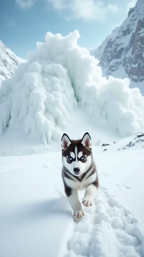 A little husky puppy runs vigorously through deep snow, leaving a paw mark behind. x} His coat is a mix of white and gray, fur a...