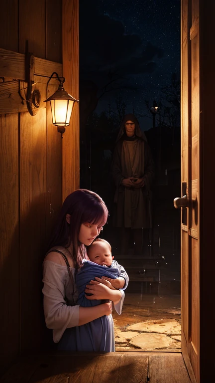 "A dark, rainy night in a medieval-style orphanage, Rose Yetimhanesi, surrounded by tall trees and a stormy sky. A young woman, ...