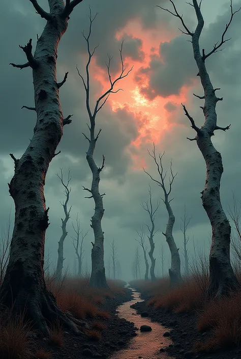 Photographie réaliste. Bouleaux tortueux. Ciel apocalyptique.