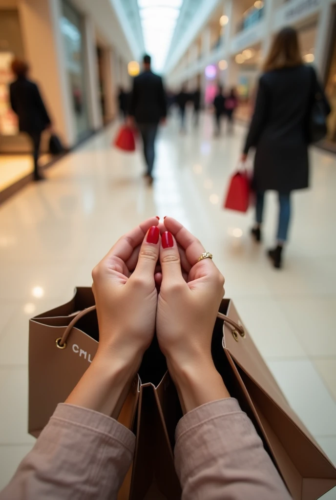 "A first-person view of hands holding luxury shopping bags, standing in a bustling shopping mall. The bags are elegant, with vis...