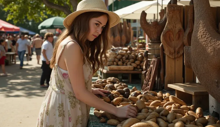 Girl at the market buying men's penises