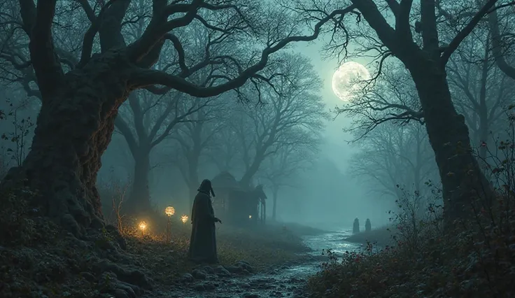 A dense, mist-covered forest in the heart of Eastern Europe, shrouded in an eerie, twilight glow. Ancient, gnarled trees with th...