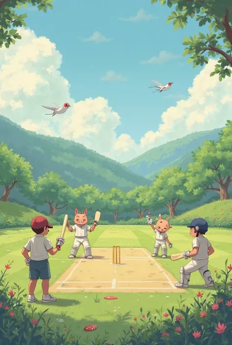 Ghibli style world cricket game imgae