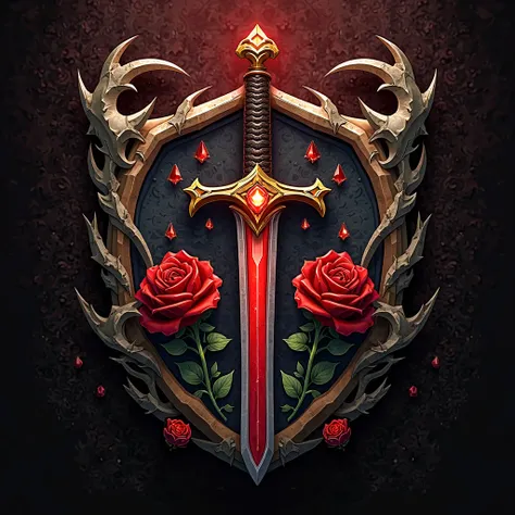 Create a badge with an acronym, with a red rose, with thorns. In the center there is a sword with a red crystal, with thorns.