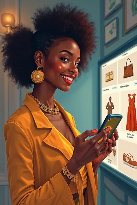 Femme africaine jeune et belle faisant du shopping sur le site Lynia