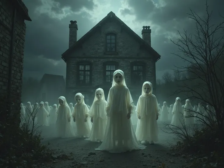 A grim depiction of baby spirits rising from a dark orphanage building