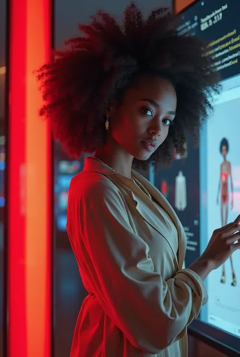 Femme africaine jeune et belle faisant du shopping sur le site ‘´LYNIA ‘´ avec un texte écrit en rouge