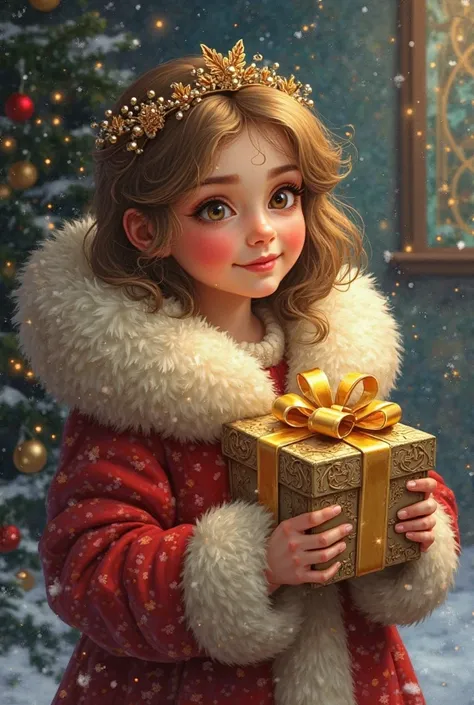 fairytale book illustration "Morozko ". cheerful girl, Ruddy, in a sable fur coat, All in gold, in silver, and about — a box wit...