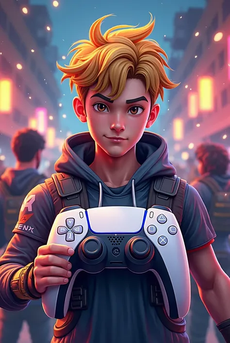 Fornite gamer logo with white PS5 controller the boy with golden frizzy hair