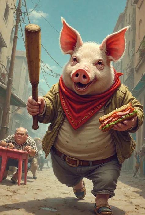 an image of a pig armed with a bat the pig has the skin of mortadella and is chasing a truck driver who is eating a sandwich Wit...