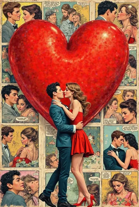 Big red heart in the background several comic book clippings with scenes of couples kissing.
