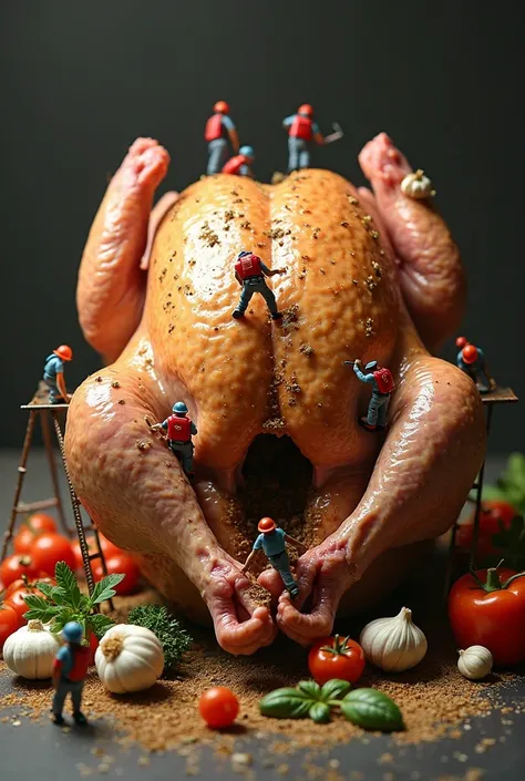 Tiny humans working on a giant raw chicken, like construction workers preparing it for roasting — some are seasoning it with gia...