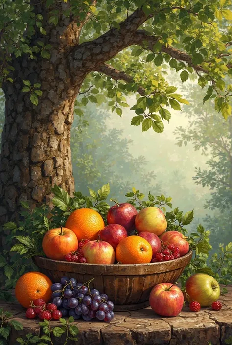 Bowl of fruits under a tree
