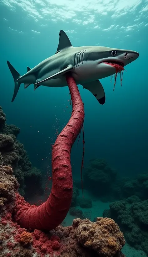The murky water is stained deep red. The torn remains of the moray eel dangle from a jagged coral outcrop—its long body shredded...