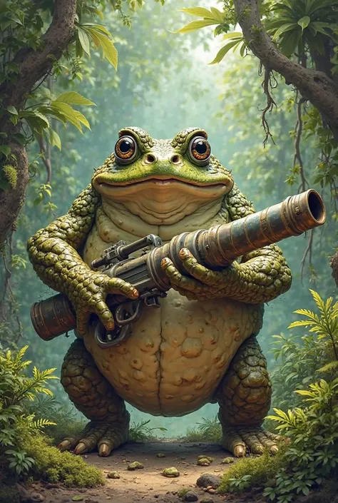 A fat toad with a bazoca and a background with vegetation