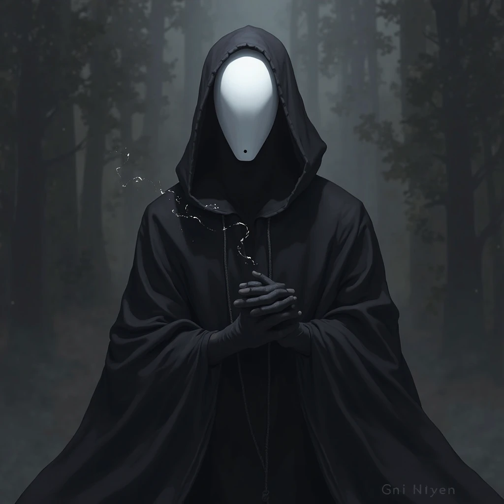 An anime-style character, wearing a black cloak and a hood, wearing a completely white mask that covers his entire face, his cab...