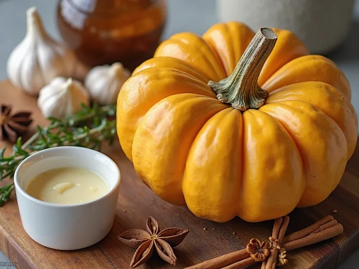 A close-up of the essential ingredients for potimarron soup: a whole potimarron squash, garlic cloves, a sprig of fresh thyme, a...