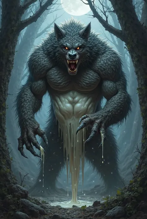 A werewolf with big, puffed  and squeezing them and pouring milk