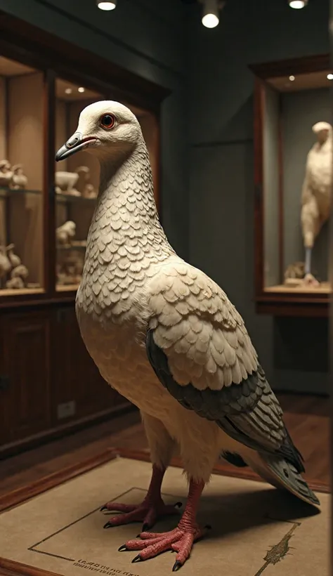 Create an image of a stuffed passenger pigeon in a museum.