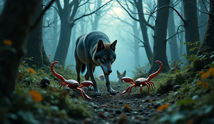 SCORPIONS AND A WOLF ARRIVING IN THE DARK FOREST AND FOXES WATCHING