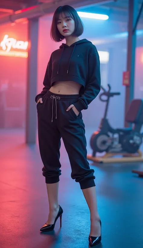 (1 girl, full body), (beautiful Korean girl, k-pop idol:1.5), (Cute Loose Bob hair:1.5), (wearing a cropped hoodie, capri sweatp...