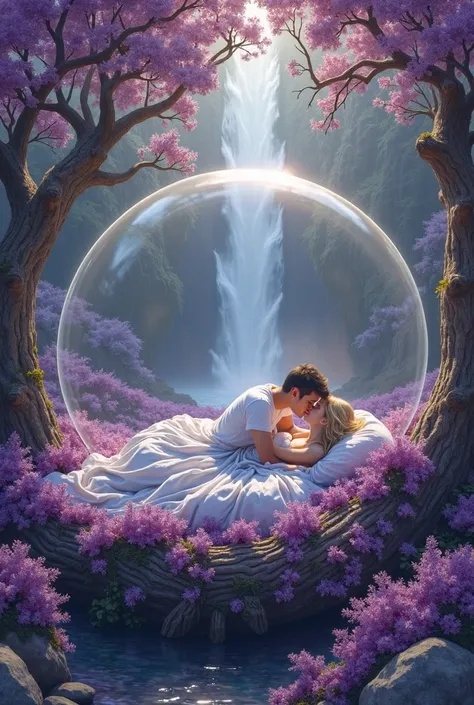 create an art of a couple lying on a bed is made of a tree, madeira, the bed is purple and purple flowers, the couple is kissing...