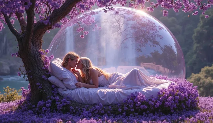 create an art of a couple lying on a bed is made of a tree, madeira, the bed is purple and purple flowers, the couple is kissing...