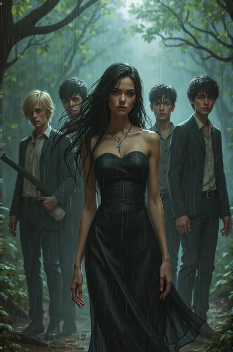 A girl who is in front and three boys that are around her, the girl has black hair and has it around her shoulders and has brown...