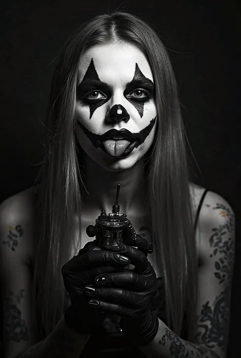 Help me to make a clown girl in black and white where you can only see her face and she is holding a tattoo machine with gloves...