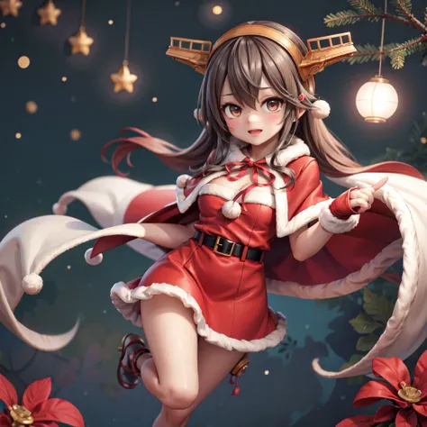 HarunaSanta, headgear, hariband, santa costume, breasts, cleavage, red capelet, red dress, fur-trimmed dress, fur-trimmed capele...
