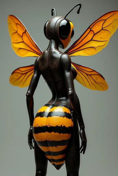 ((best quality)), ((masterpiece)), (detailed), anthropomorphic wasp, glistening black and yellow skin, turned away, looking back...
