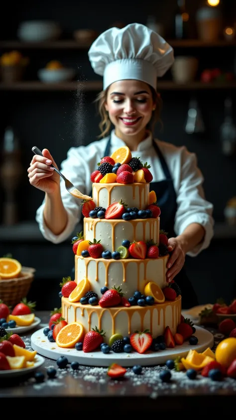 Female chef making a huge 5-tier cake, colorful fruit decoration, Overflowing fruit syrup, Female chef making a huge 5-tier cake...